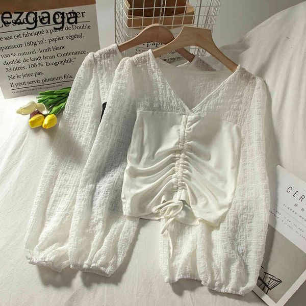 

ezgaga shirt and blouse women autumn new v-neck long puff sleeve patchwork drawstring all-match female fashion casual 210430, White