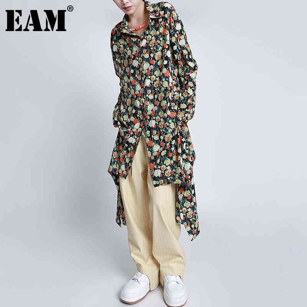 

[eam] women black pattern printed chiffon big size blouse lapel long sleeve loose fit shirt fashion spring 1dd6003 21512, White