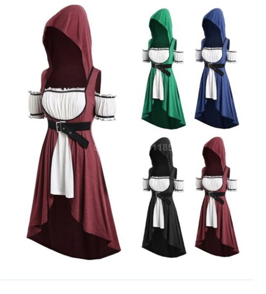 

medieval renaissance dress vintage women witch wizard cloak tunic belt elf princess maxi dress vampire hoodies cosplay costumes, Red