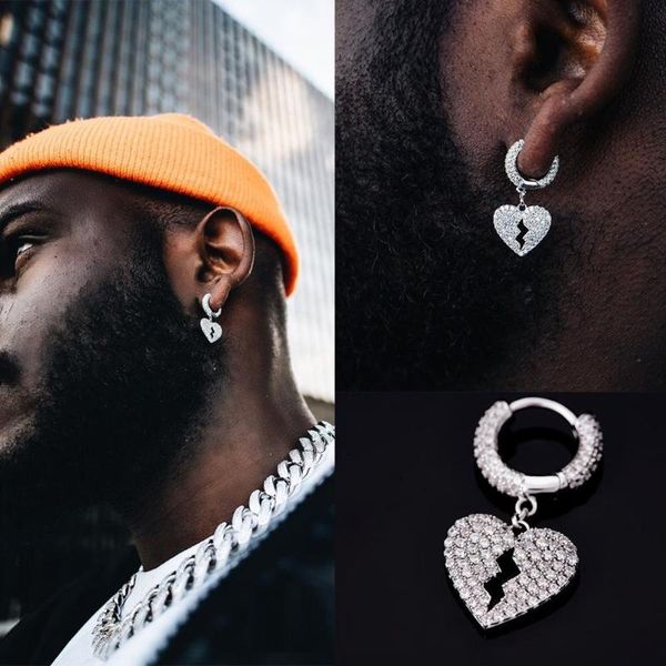 

hoop & huggie iced out bling hip hop boy men jewelry micro pave clear cz cubic zirconia heart charm earring, Golden;silver