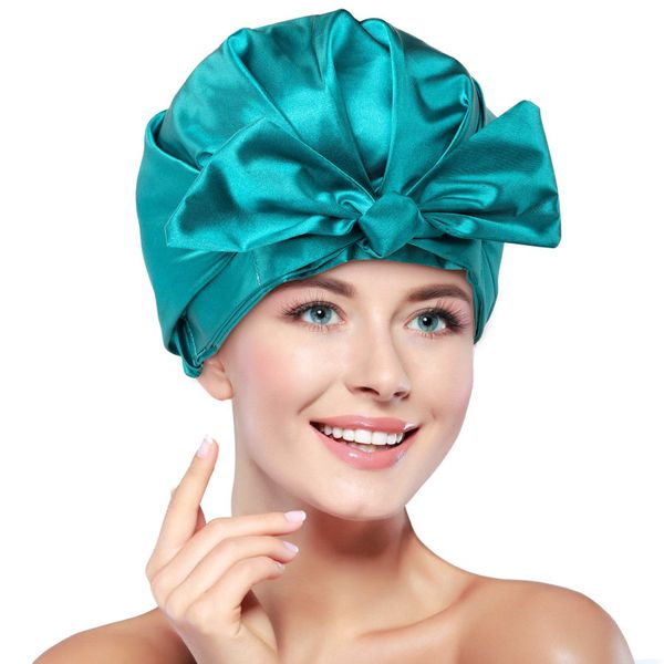 

solid waterproof shower cap women elasticized hem bow hair cover double satin lined bonnet sleep night cap head cover bonnet hat, Blue;gray