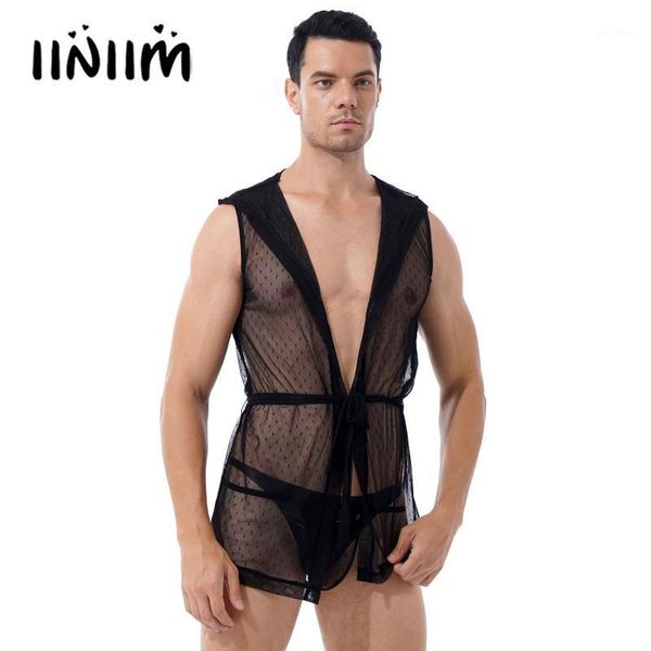 

men's sleepwear mens lingerie belted hooded night-robe with g-string briefs see-through mesh sleeveless kimono hoodie nightwear, Black;brown