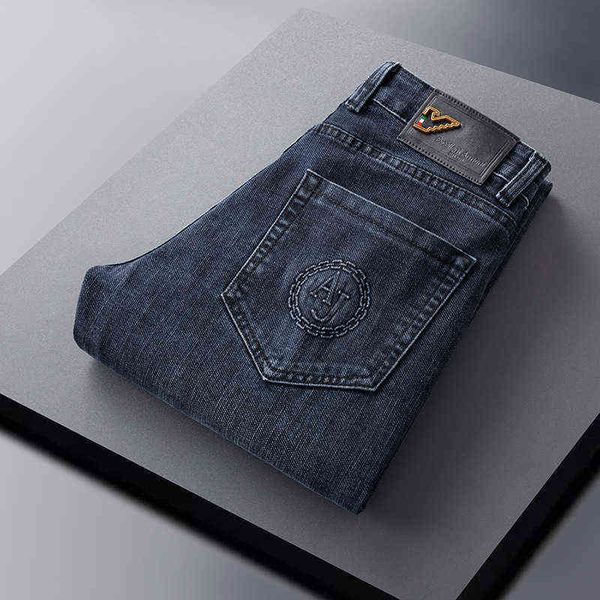 

men's brand slim jeans small straight tube high-end light luxury autumn and winter thick elastic leisure long pants, Blue
