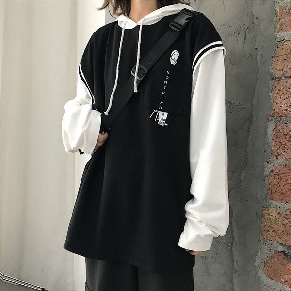 

hoodie spring and autumn pocket contrast printing long sleeve thin sweater, Black