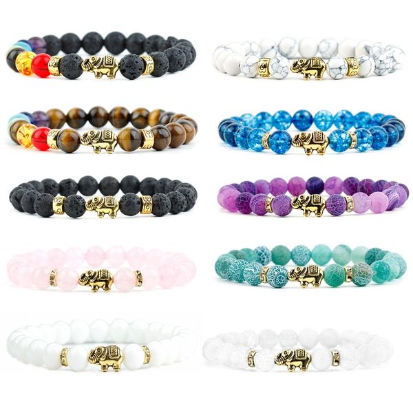 

handmade natural stone agate crystal bead strands bracelet gold plated elephant charm beaded bracelets jewelry, Black