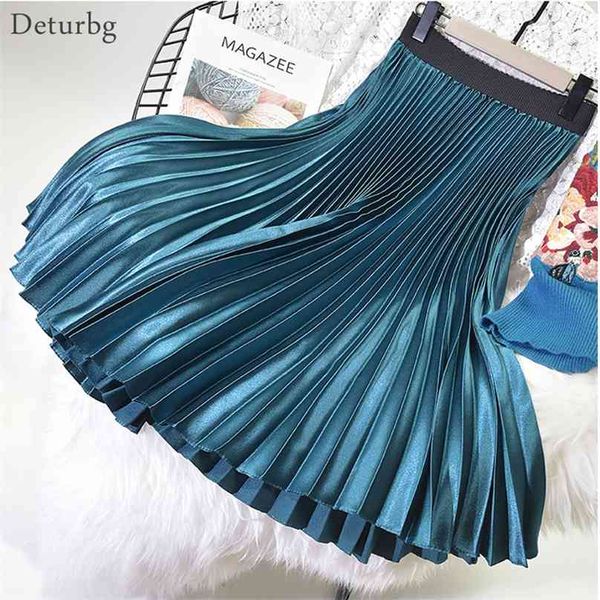

women elegant metal color pleated skirt elastic high waist midi female quality chic s saias spring sk396 210629, Black