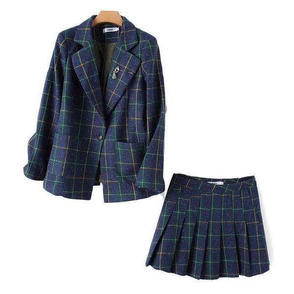 Hochwertiger Damen-Berufsanzug, Arbeitskleidung, Hose, zweiteilig, Herbst-Karo-Damenjacke, eleganter Büsten-Faltenrock 210527