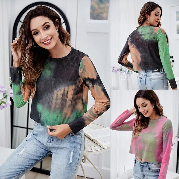 

women's t-shirt summer short t-shirt, bottom round neck loose long-sleeved clothing, hedging print street hipster, White