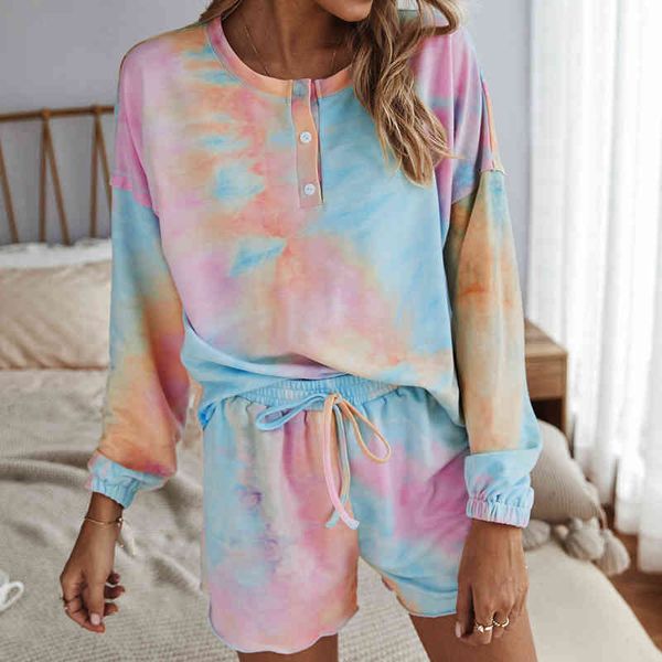 

casual long sleeve women's two piece suit autumn elastic waist tie-dye leisure pajamas set women 2 piece set tie-dye 210514, White