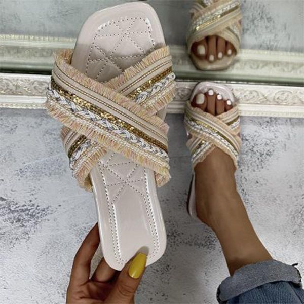 

women slippers woman bohemia summer women's ethnic style shoes female string tassel flat bead casual outdoor, Black