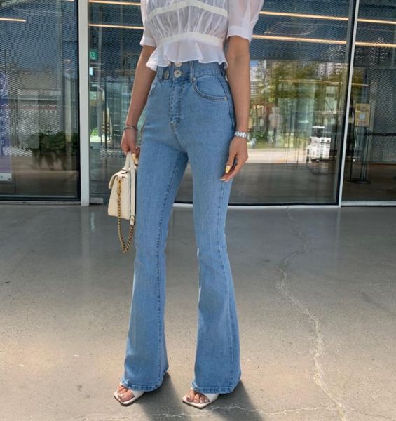 

women's jeans casual ladies for women trousers 2021 summer autumn skinny button female denim flare pants high waist solid wj320, Blue