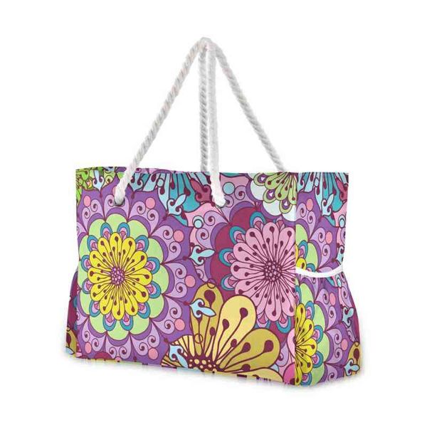 

shopping bag large capacity bohemian shoulder bag women's beach baumandala printed handbag cotton rope handbag 220310