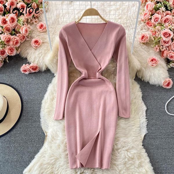 

casual dresses neploe ladies temperament knitting elastic slim vestido femme v-neck long sleeve knit dress women autumn 2021 robe female, Black;gray
