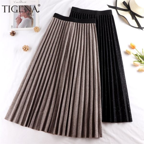 

tigena shiny long pleated skirt women fashion autumn winter korean casual high elastic high waist midi skirt female ladies 210319, Black
