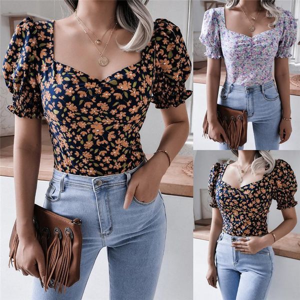 

women's blouses & shirts casual women floral chiffon shirt lantern sleeve square collar elastic waist ladies slim blouser pullover, White