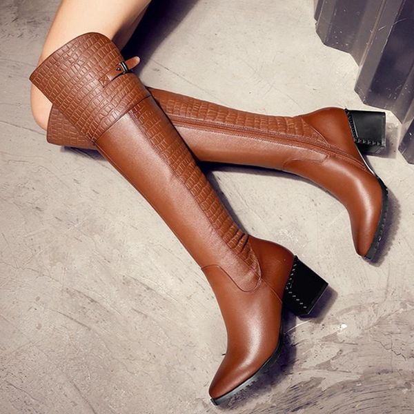 

boots women knee-high natural leather shoes 22-26cm cowhide upper+pu embossed boot long pointed-toe chunky, Black