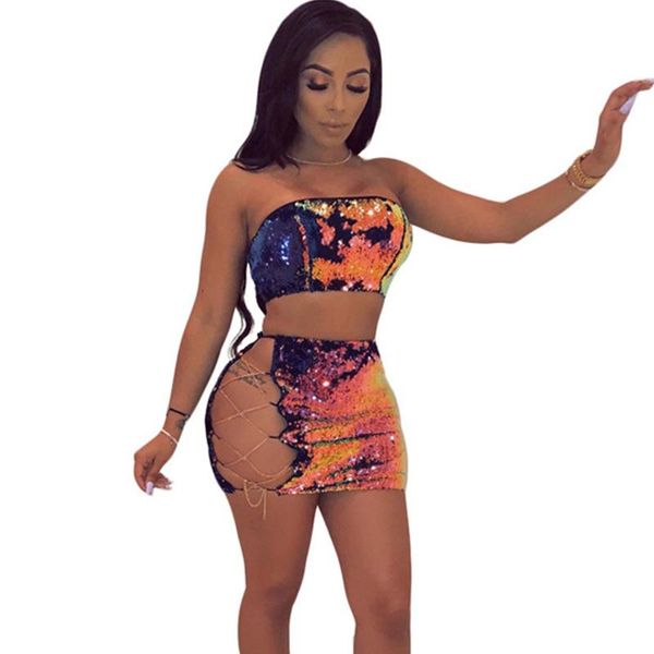 

women's two piece pants women nightclub sets sequined strapless crop and hollow out mini skirt set party sparkly matching outfits, White