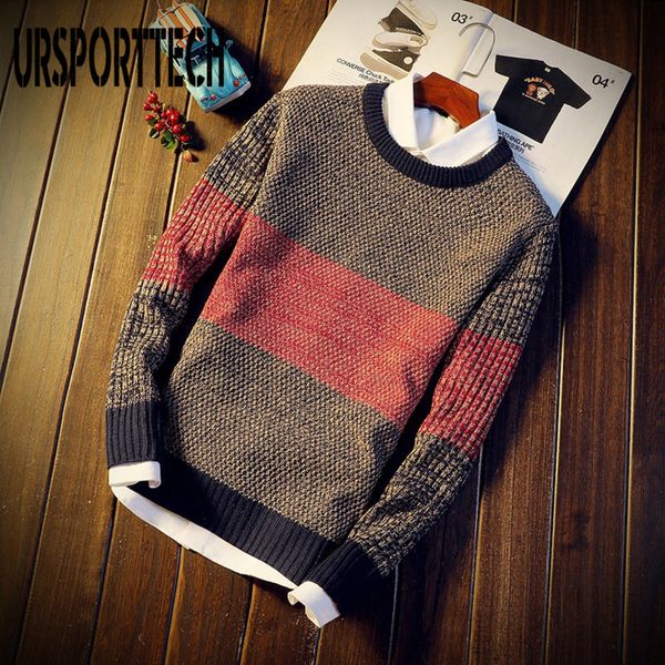 

men's casual striped tight knit sweater, round neck, elastic, autumn, new, White;black