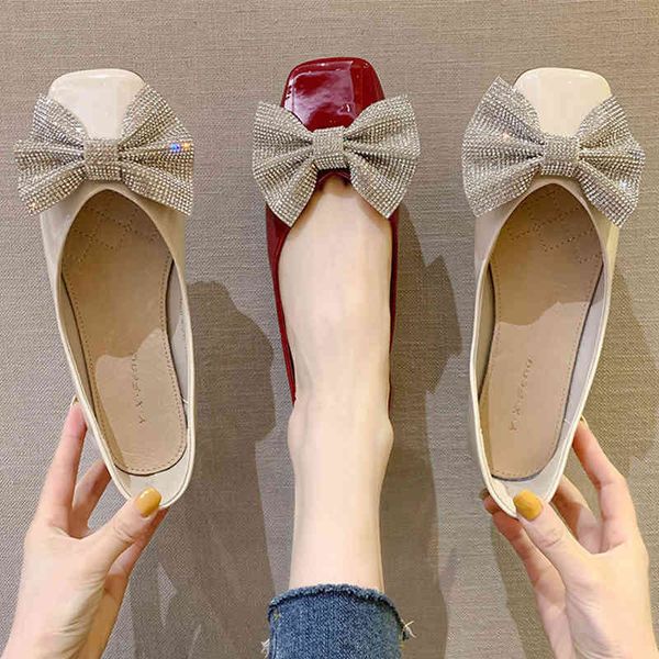 

dress shoes patent leather crystal bowknot ballet flats for women fairy square toe slip on moccasins woman loafers mujer pisos 93r3, Black