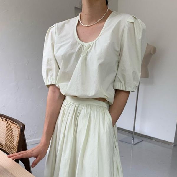 

women's blouses & shirts korean chic temperament u-neck back button women office ladies loose puff sleeve blouse elegant summer 2021 bl, White