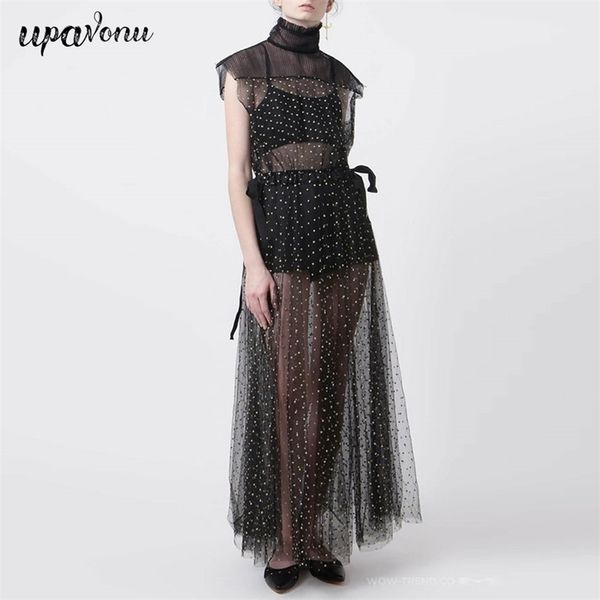 

sheer dress women's high neck sleeveless mesh polka dot long & camisole shorts 3-piece set 210524, Black;gray