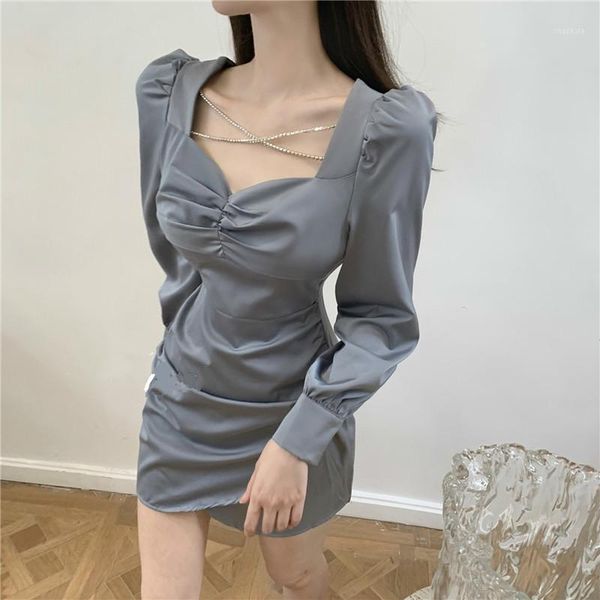 

evening party dresses woman solid square neck 2021 autumn puff sleeve vestidos korean bodycon dress 19146 casual, Black;gray