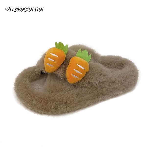 

autumn style cute sweet carrot decoration fashion all-match casual hairy slippers women outside comfortable flat shoes, Black