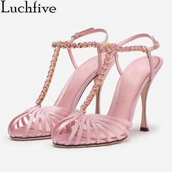 

rhinestones t-strap thin high heels sandals women pink black fish mouth hollow designer summer runway dress party shoes