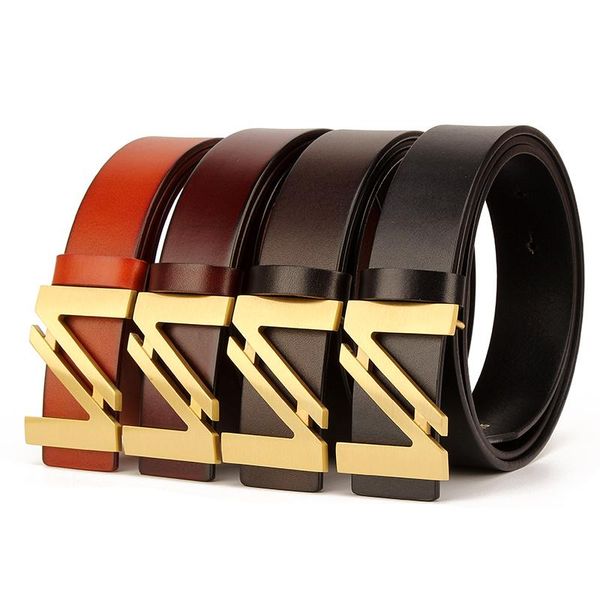 

belt men 2021 sligoleee gold business genuine leather for brass smooth buckle masculino belts, Black;brown