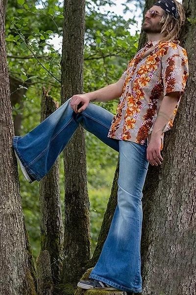 

men's jeans men punk trousers high waist retro flare pants fashion plus size blue clothing