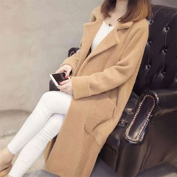 

women solid mink fur coat turn-down collar winter warm female casual jacket long style full sleeve pockets button knitted 210427, Black