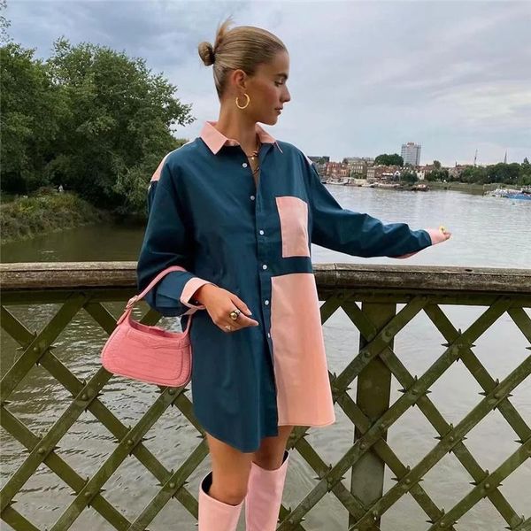 

casual dresses woman blue loose patchwork shirt dress 2021 spring elegant female long sleeve cotton ladies soft button, Black;gray