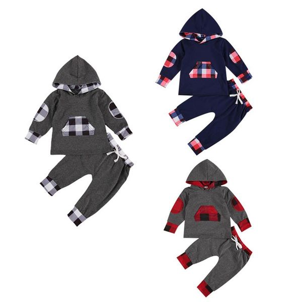 

0-3y casual kids toddler baby clothing boys girls autumn plaid print pocket hooded sweatshirt+long pants cotton set sets, White