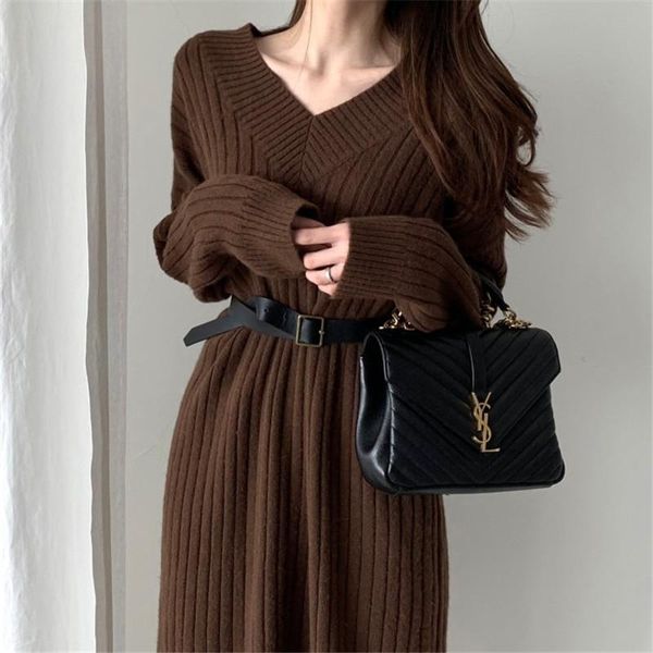 

casual dresses cbafu autumn winter sweater women dress long sleeve sweaters knitted loose maxi oversize knit robe vestidos striped m157, Black;gray