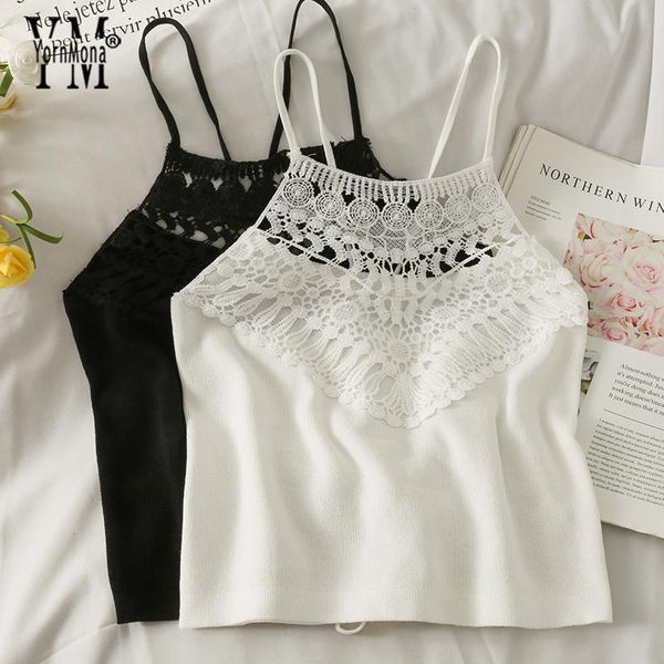 

women's tanks & camis yornmona hollow out crochet women 2021 beach fashion white black short tank bandage ladies shirts