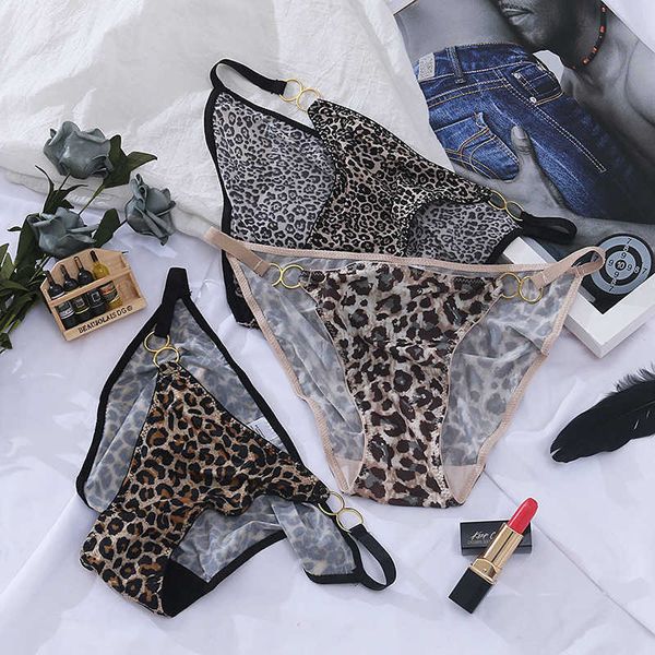 

briefs panties ice silk with leopard print women's metal bule and thin belt, Black;white