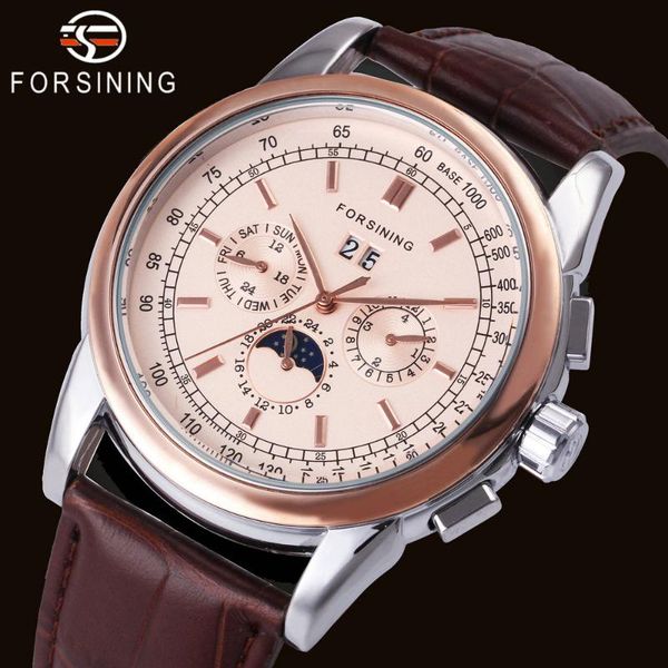 

wristwatches forsining mens watches automatic mechanical watch men crystal moon sun display fashion dress leather wristwatc, Slivery;brown