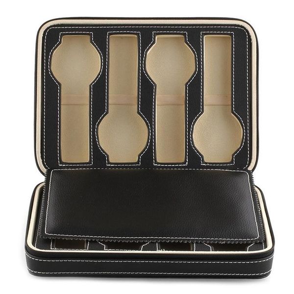 

watch boxes & cases 8 grids display storage box case tray zippered travel collector faux leather black, Black;blue