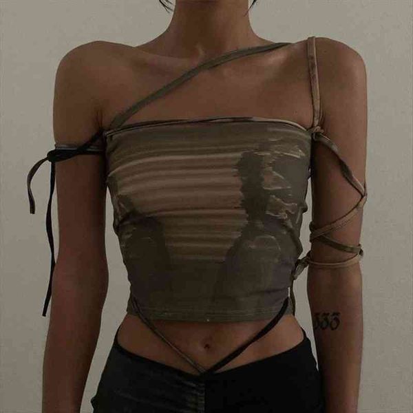

bandage backless tie womens tanks up halter camouflage print sleeveless crop y2k summer fashion clothing, White