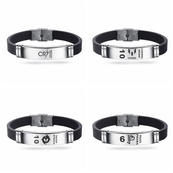 

charm bracelets football player bracelet stainless steel engraved adjustable black silicone men wristband fans souvenir gifts, Golden;silver