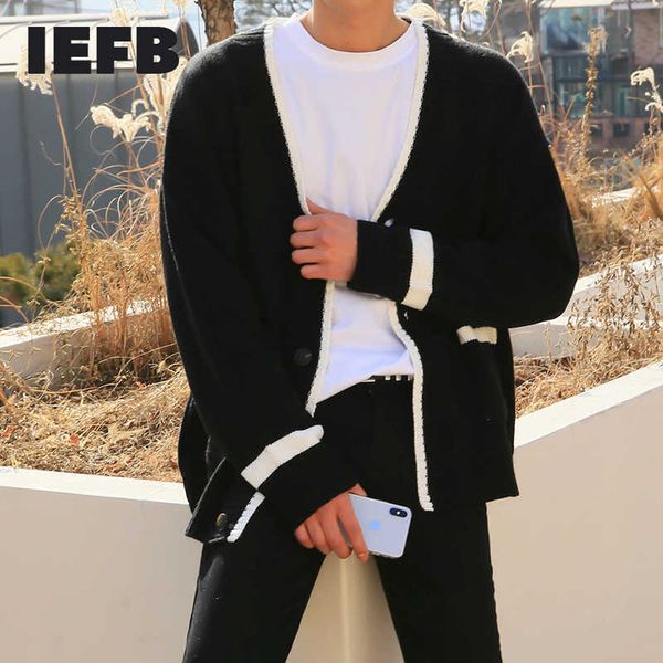 

iefb spring autumn cardigan sweater coat loose korean fashion single breasted casual outerwear kintted clothes male 9y4237 210929, White;black