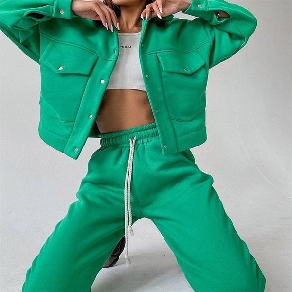 

women casual two piece sets autumn winter fashion female warm suits turn-down collar jacket and drawstring trouser tracksuits 220315, White