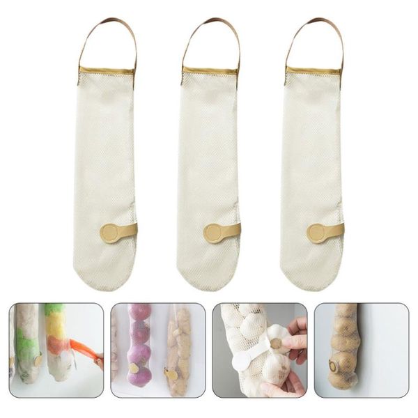 

storage bags 3pcs vegetable mesh bag garlic hanging net pouch (beige)