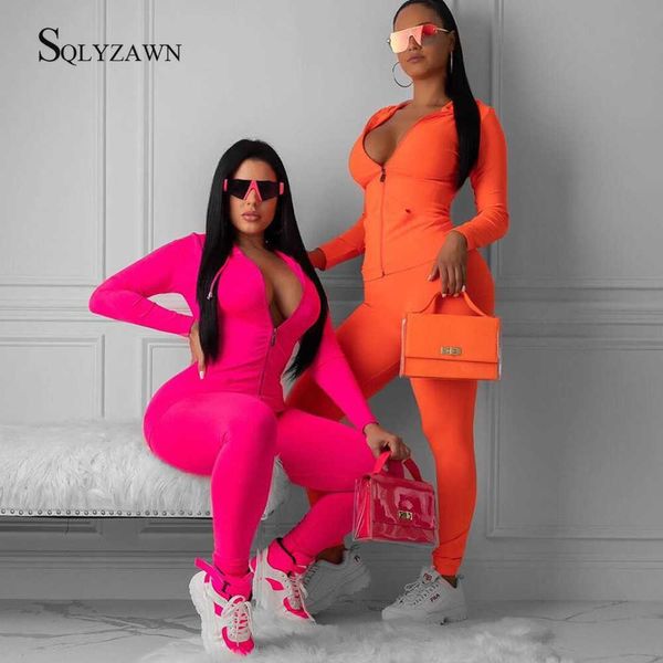 Mulheres sexy néon rosa laranja fitness dois pedaço conjunto de jaqueta de outono e calças bodycon esporte suor uniforme de suor trilha motociclista y0625