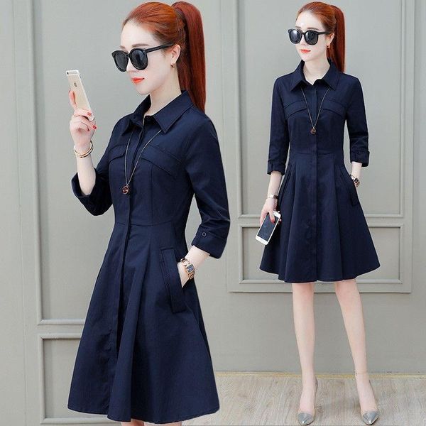 

casual dresses female shirt mini women large size korean slim spring dress long sleeve high waist solid color a-line, Black;gray