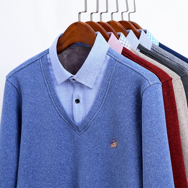 

aoliwen men sweater cardigan shirt collar plus velvet thickening winter long sleeves shirts cashmere dress home shirt sweater, White;black