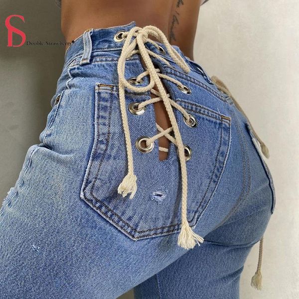 

summer women's style high-waist hollowed-out tying wide loose straight-leg streetwear casual jeans pants, Blue