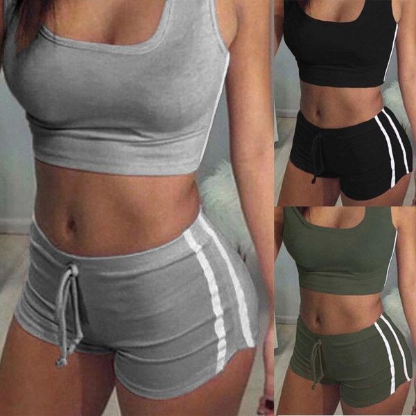

women 2pcs yoga set female sleeveless tank bra fitness shorts running gym sports clothes suit outfits, White;red