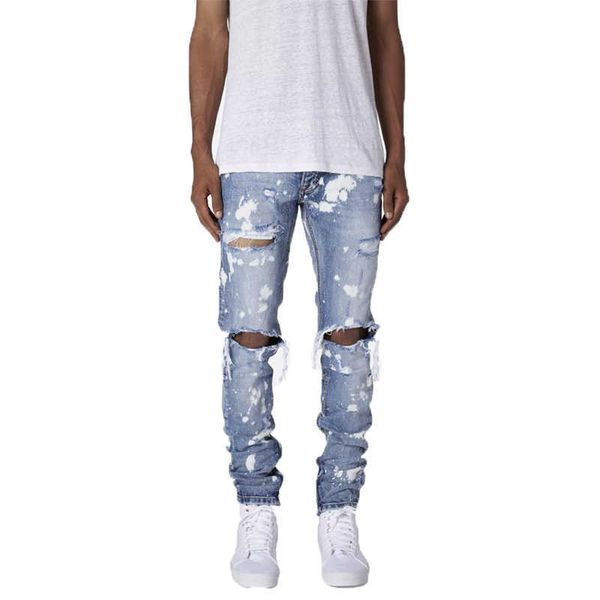 

men jeans distressed snow wash paint dot design pencil pants mens new fashion slim jean knee holes denim trousers kot pantolon x0621, Blue