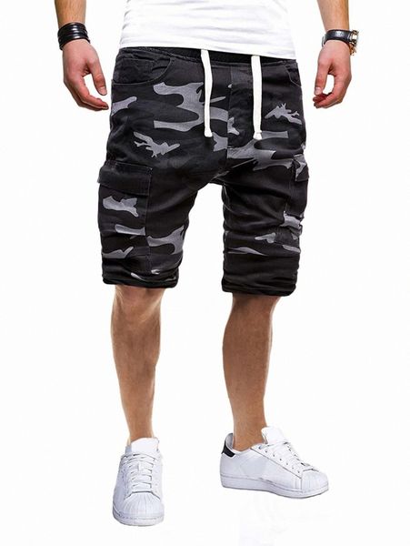 

men camo print drawstring waist shorts 79w8#, Black